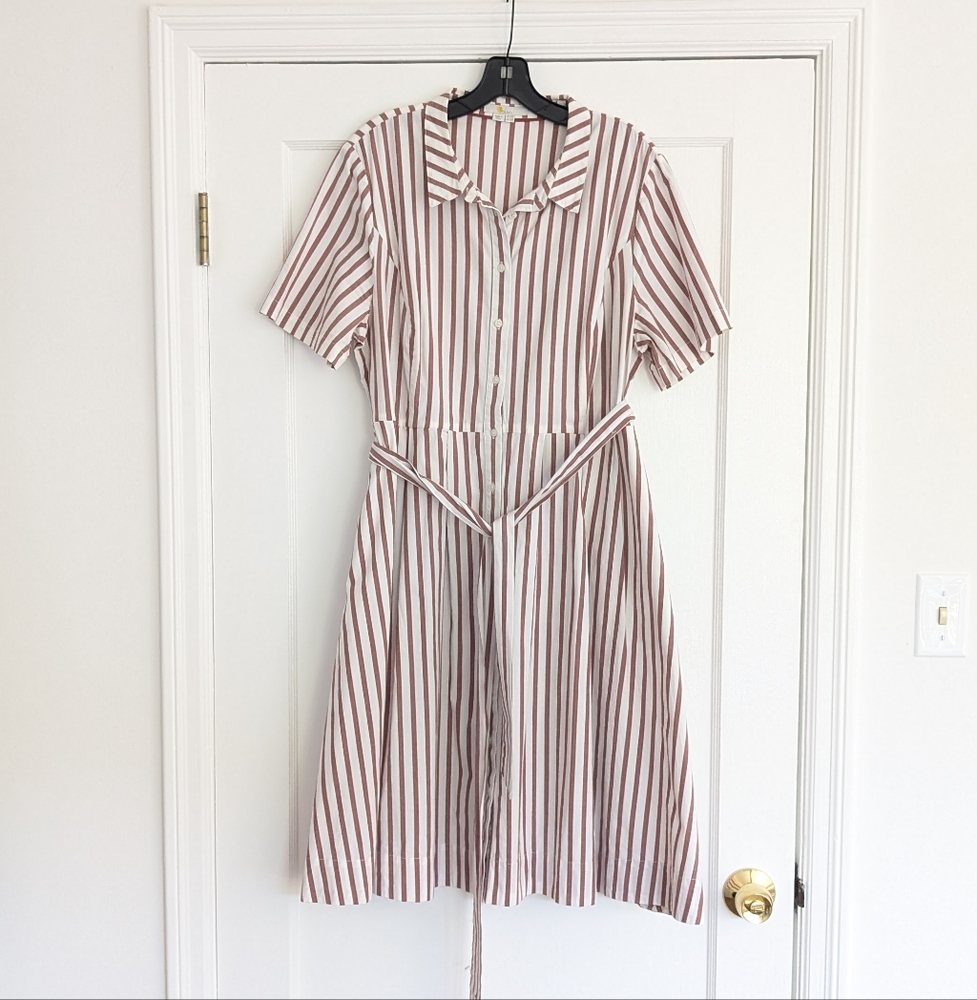 Boden Anastasia Cotton Shirt Midi Dress in Brown and White Stripes, size 16R